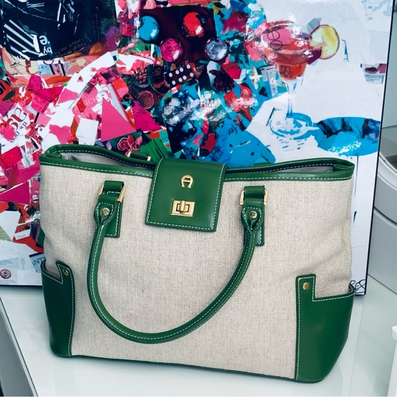 Etienne Aigner Handbags - Etienne Aigner Large Tan Linen And Green Faux Leather Handbag